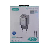 Aorax 45W Fast Charger – Power Delivery (PD) + USB Port, Includes C-to-C Cable